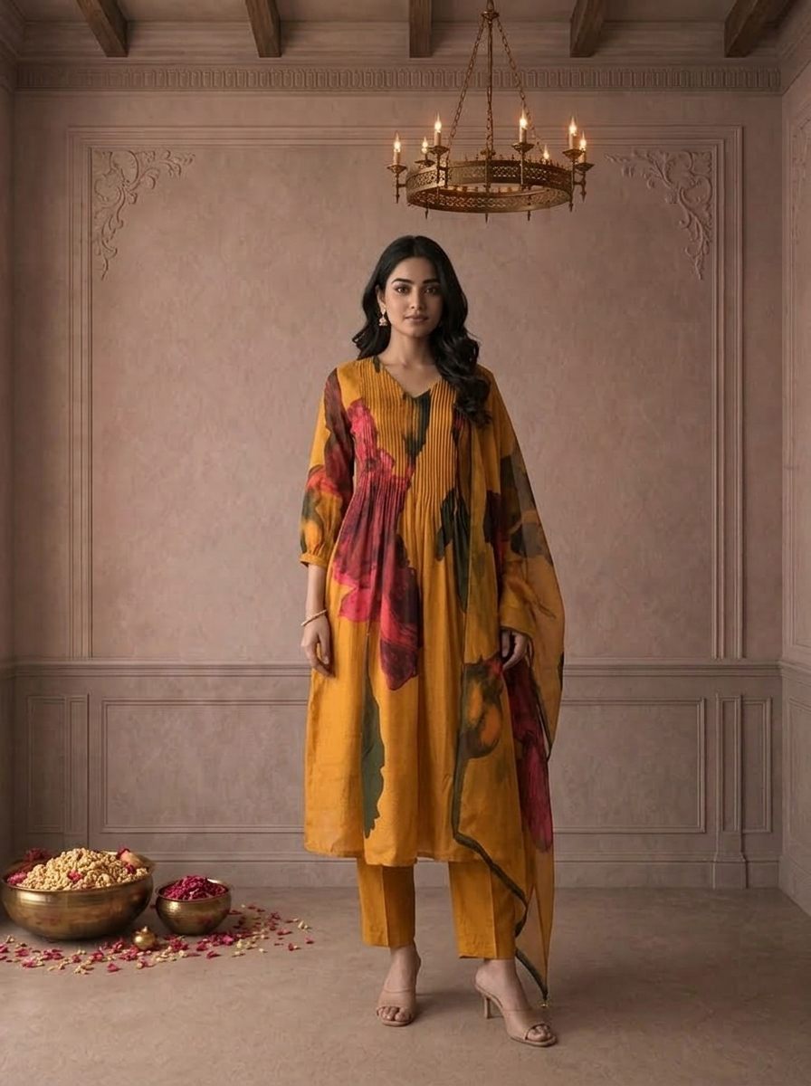 Mustard Yellow Muslin Watercolor Floral Printed Three Piece Set