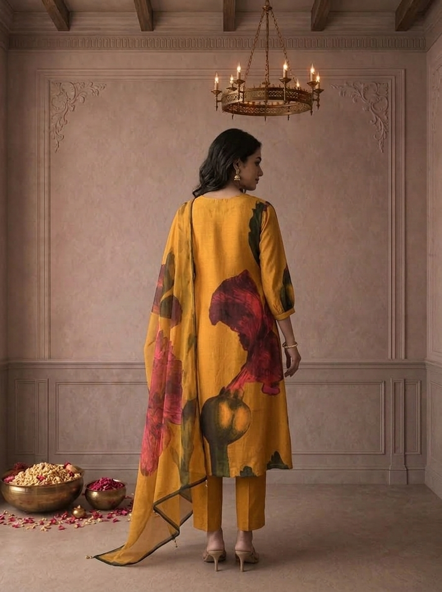 Mustard Yellow Muslin Watercolor Floral Printed Three Piece Set
