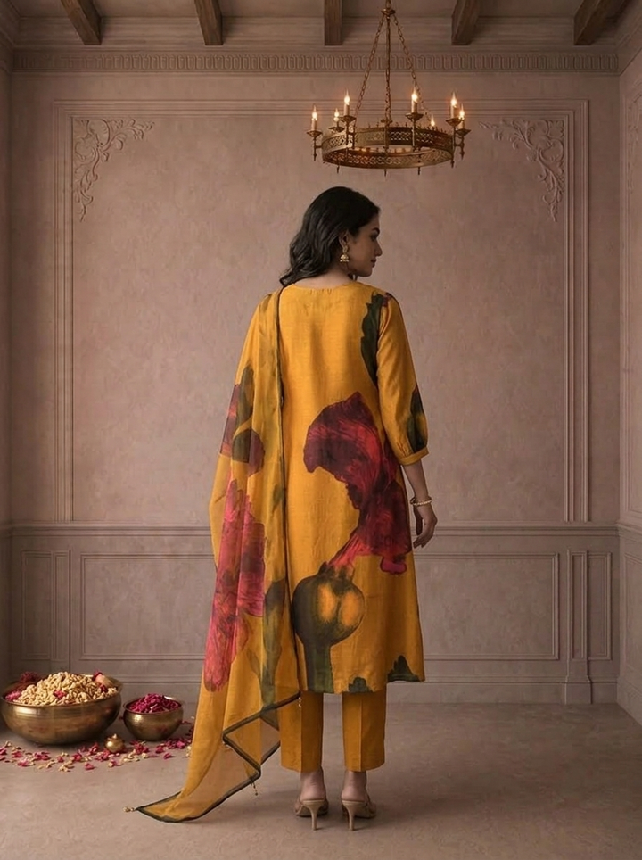 Mustard Yellow Muslin Watercolor Floral Printed Three Piece Set