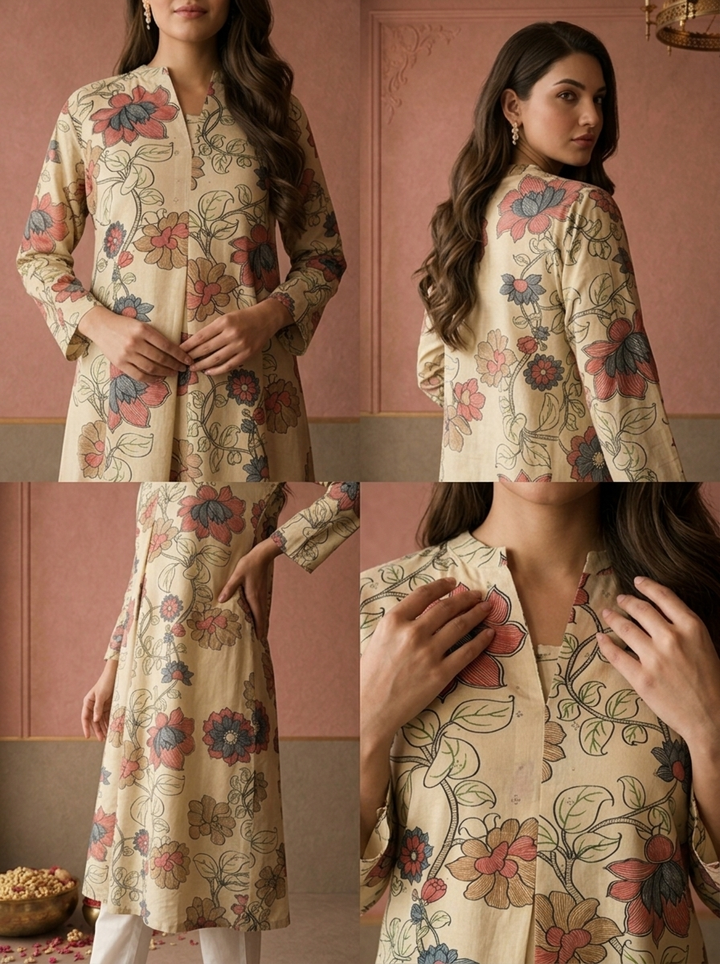 Beige Muslin Floral Vine Printed Kurta