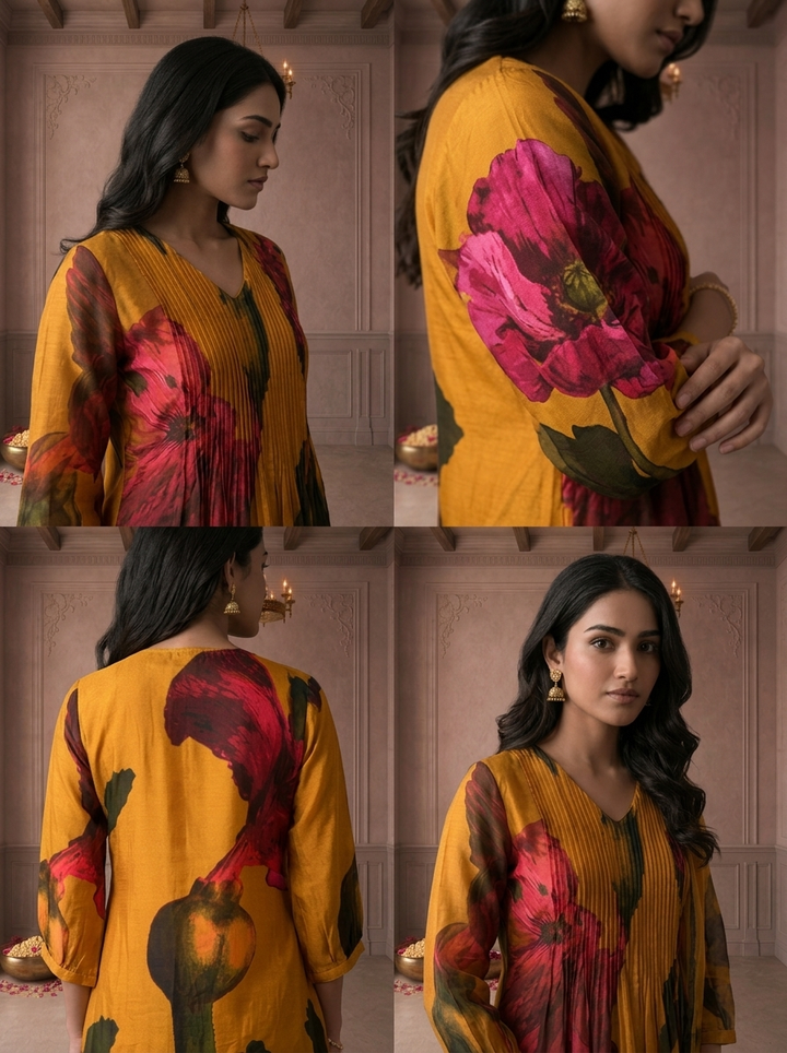 Mustard Yellow Muslin Watercolor Floral Printed Three Piece Set