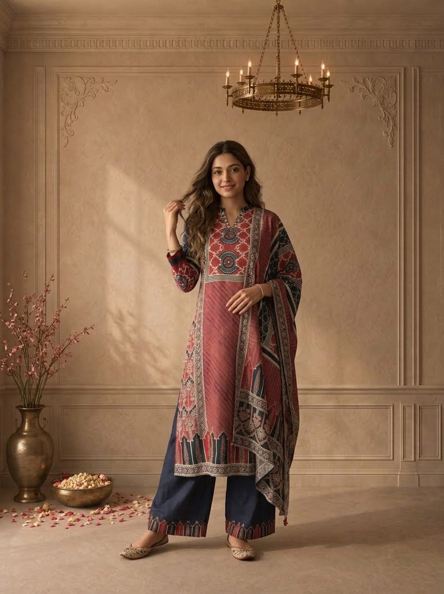 Maroon Crepe Geometric Panel Printed Three Piece Set