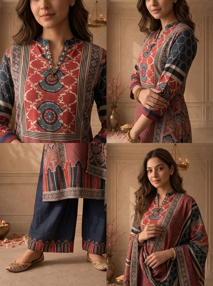 Maroon Crepe Geometric Panel Printed Three Piece Set