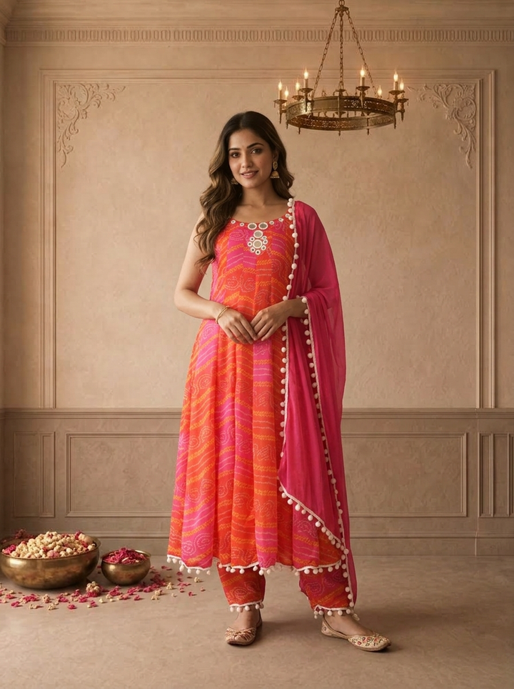 Magenta Chinon Bandhani Leheriya Printed Three Piece Set