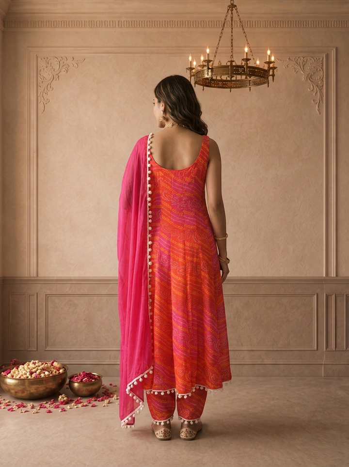 Magenta Chinon Bandhani Leheriya Printed Three Piece Set
