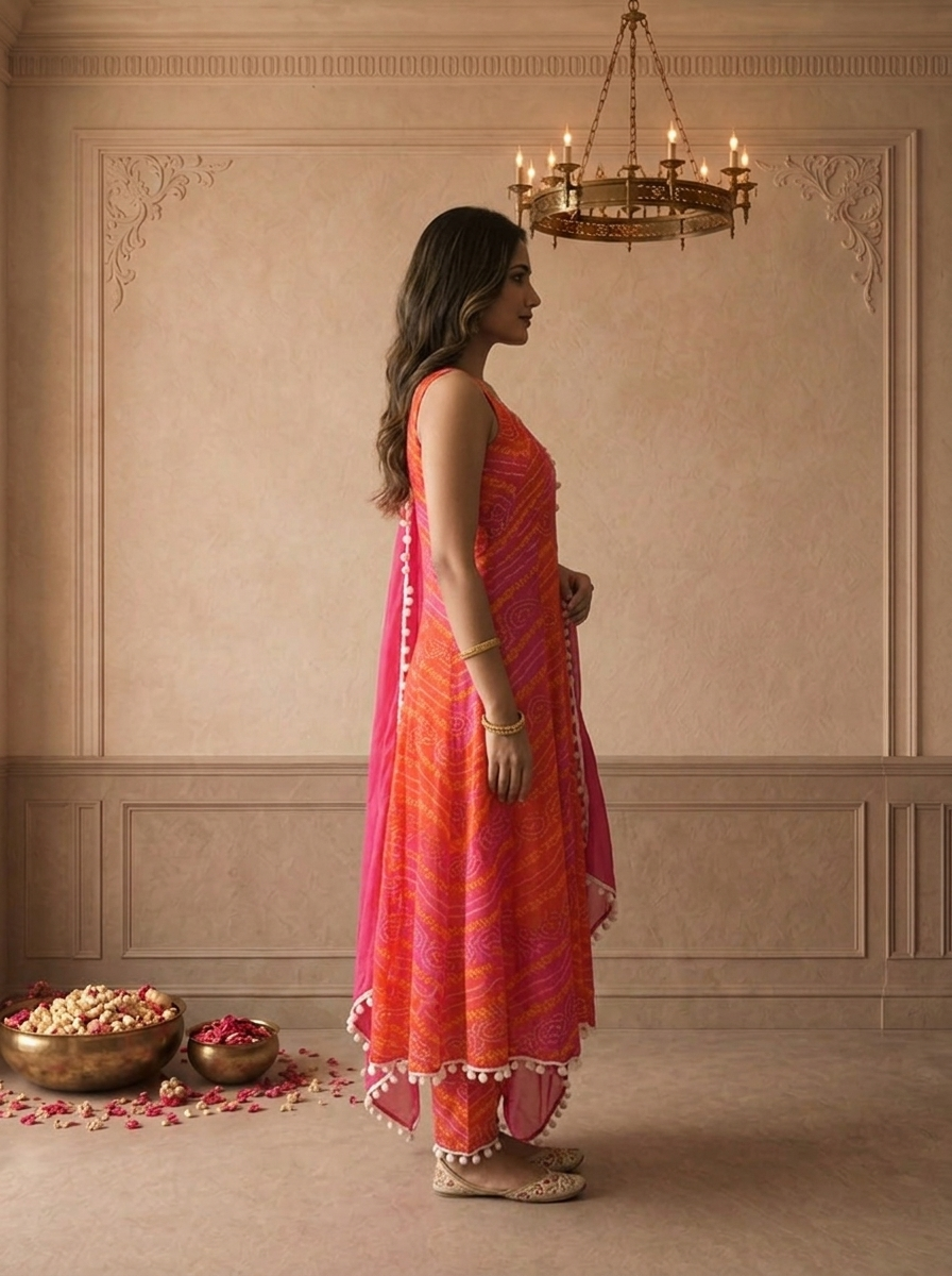 Magenta Chinon Bandhani Leheriya Printed Three Piece Set