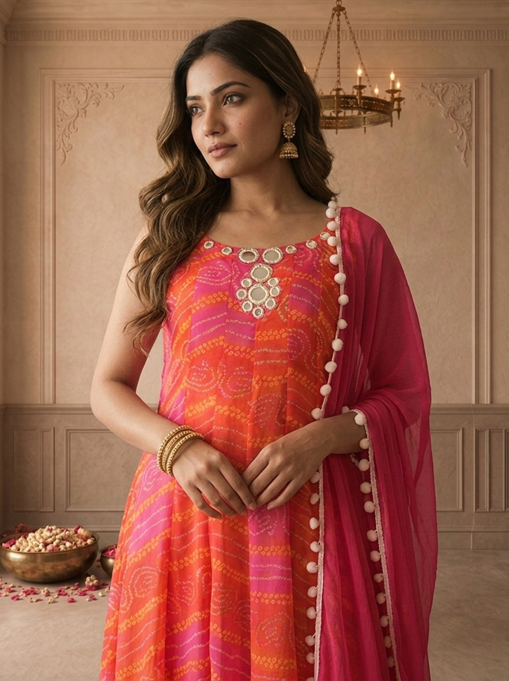 Magenta Chinon Bandhani Leheriya Printed Three Piece Set