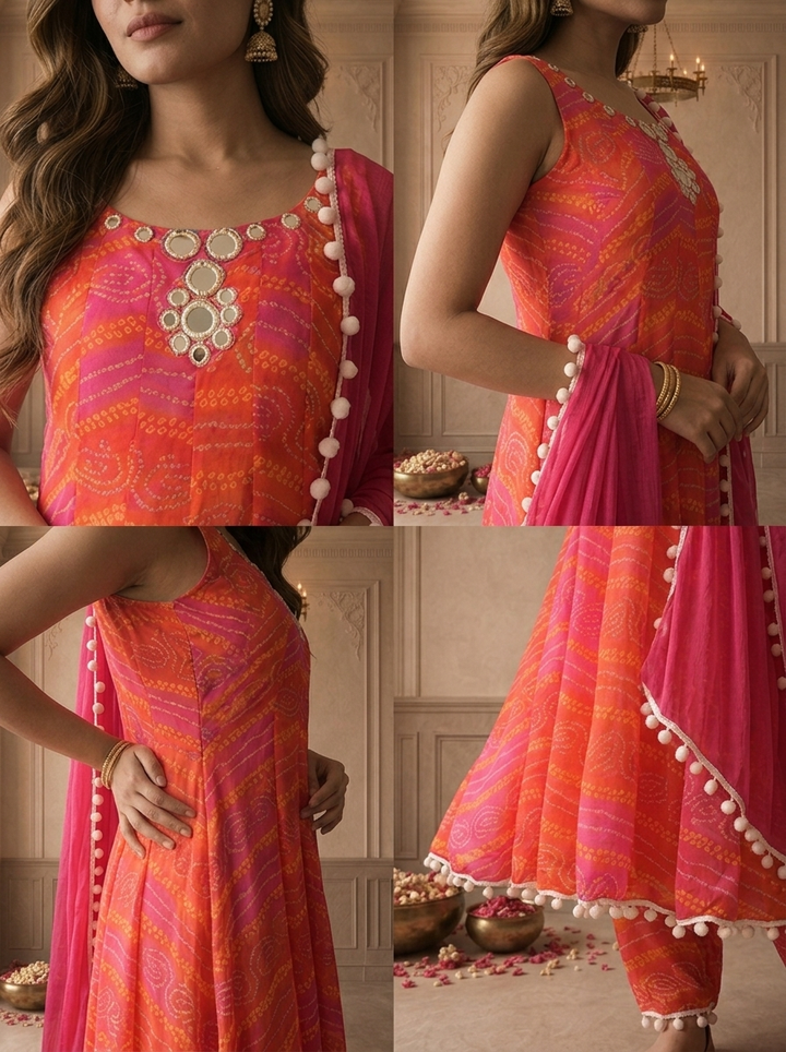 Magenta Chinon Bandhani Leheriya Printed Three Piece Set