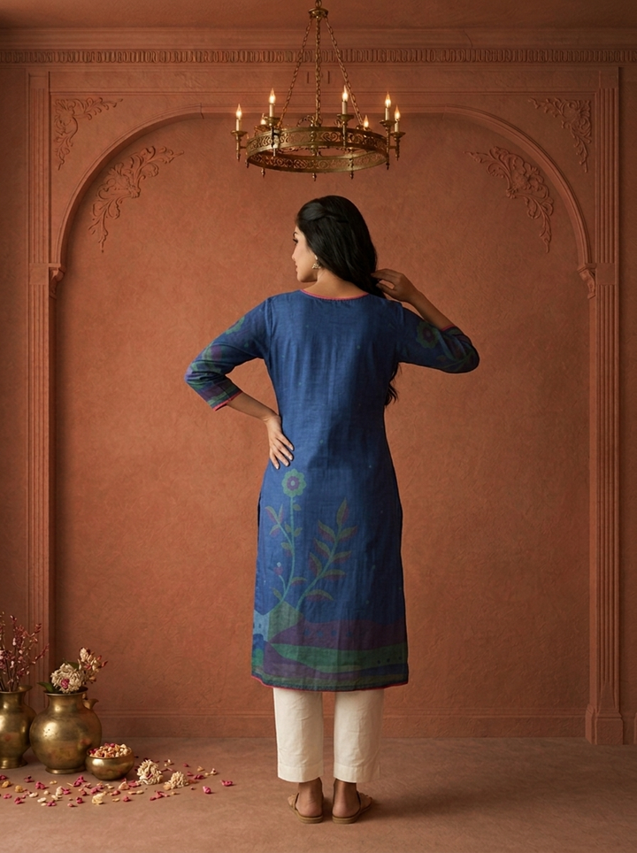 Blue Muslin Art Floral Stem Printed Kurta