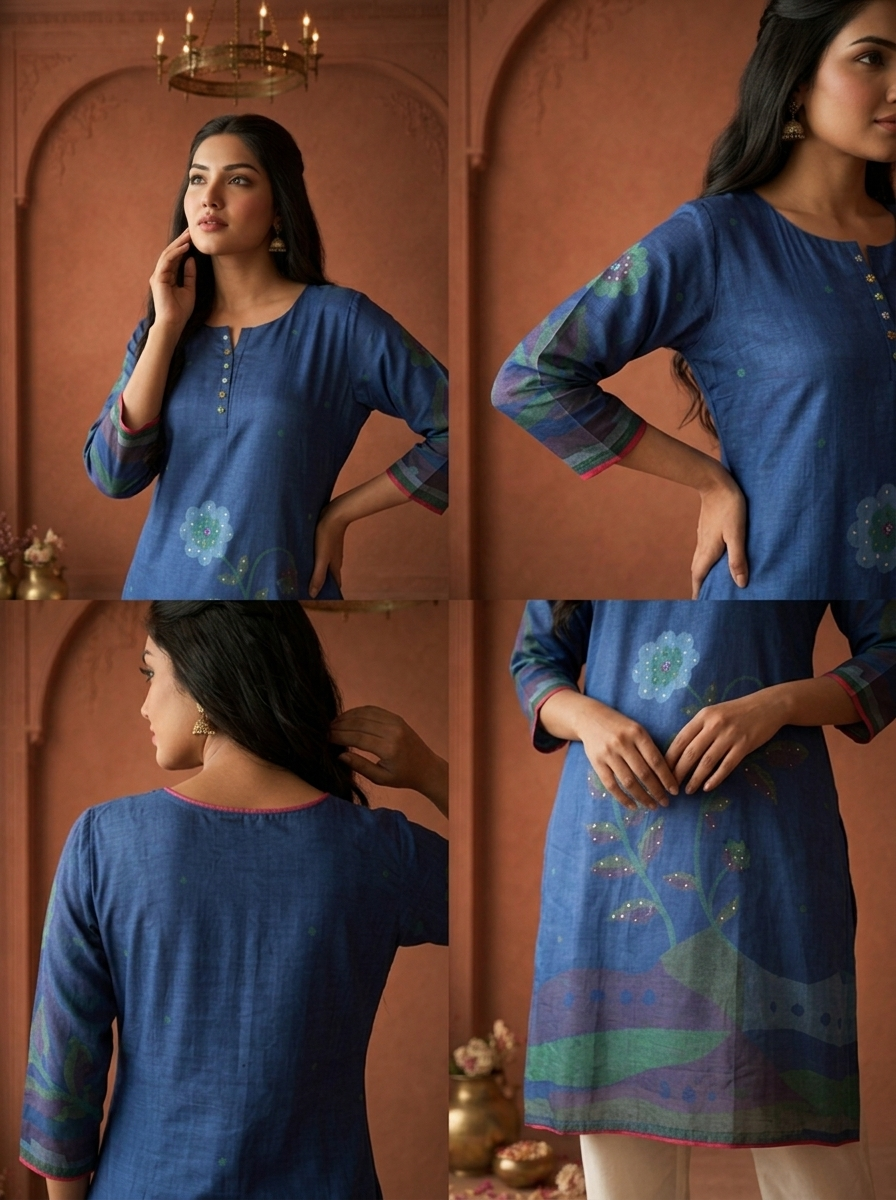 Blue Muslin Art Floral Stem Printed Kurta