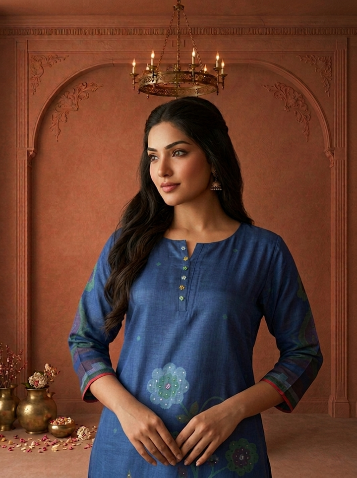 Blue Muslin Art Floral Stem Printed Kurta