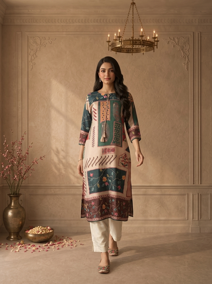 Beige Muslin Folk Patchwork Printed Kurta