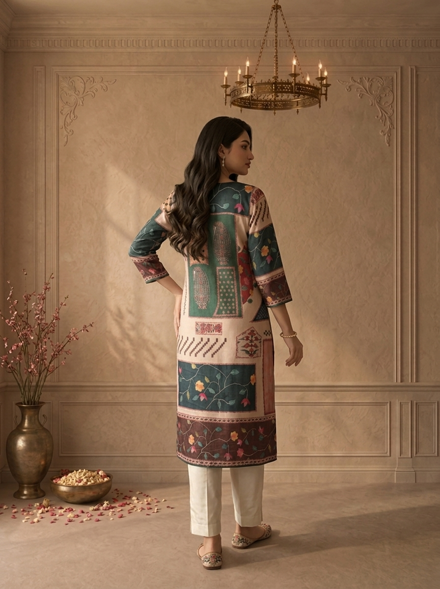 Beige Muslin Folk Patchwork Printed Kurta