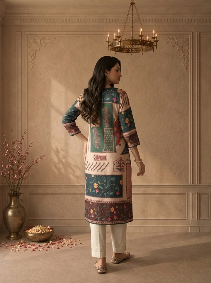 Beige Muslin Folk Patchwork Printed Kurta