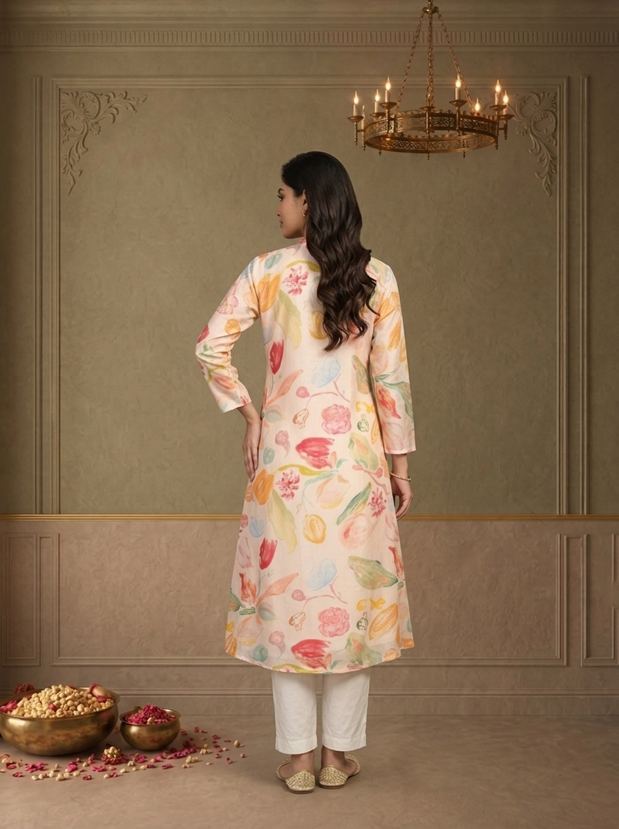 Baby Pink Muslin Multicolour Tulip Floral Printed Kurta