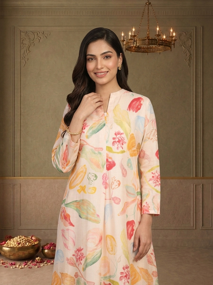 Baby Pink Muslin Multicolour Tulip Floral Printed Kurta