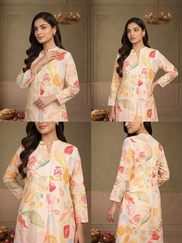 Baby Pink Muslin Multicolour Tulip Floral Printed Kurta