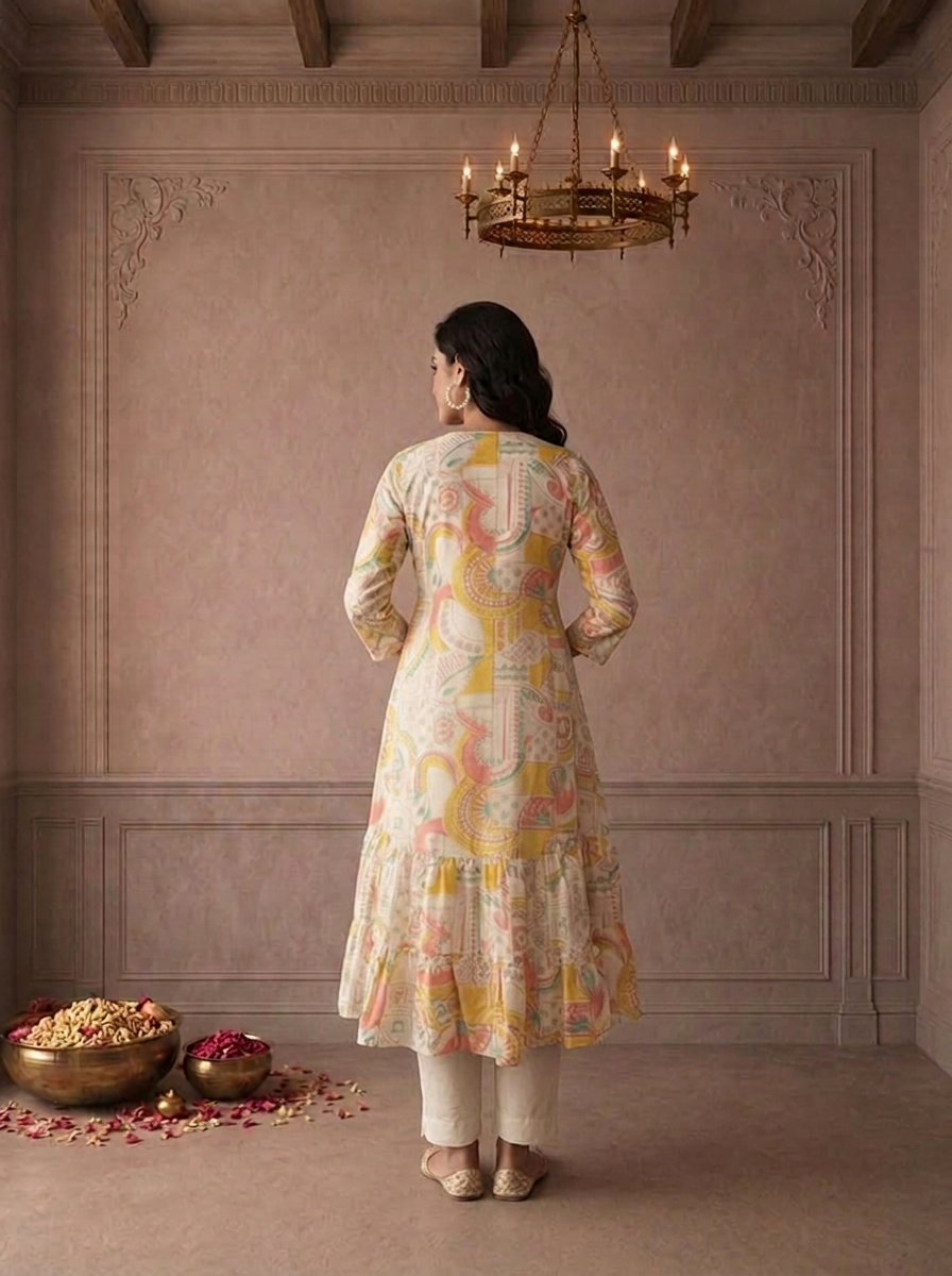 Cream Chanderi Abstract Geometric Printed Anarkali Kurta