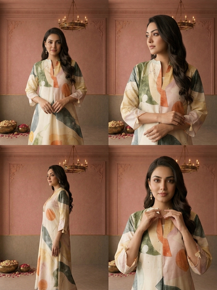 Cream Muslin Abstract Watercolor Printed Kurta