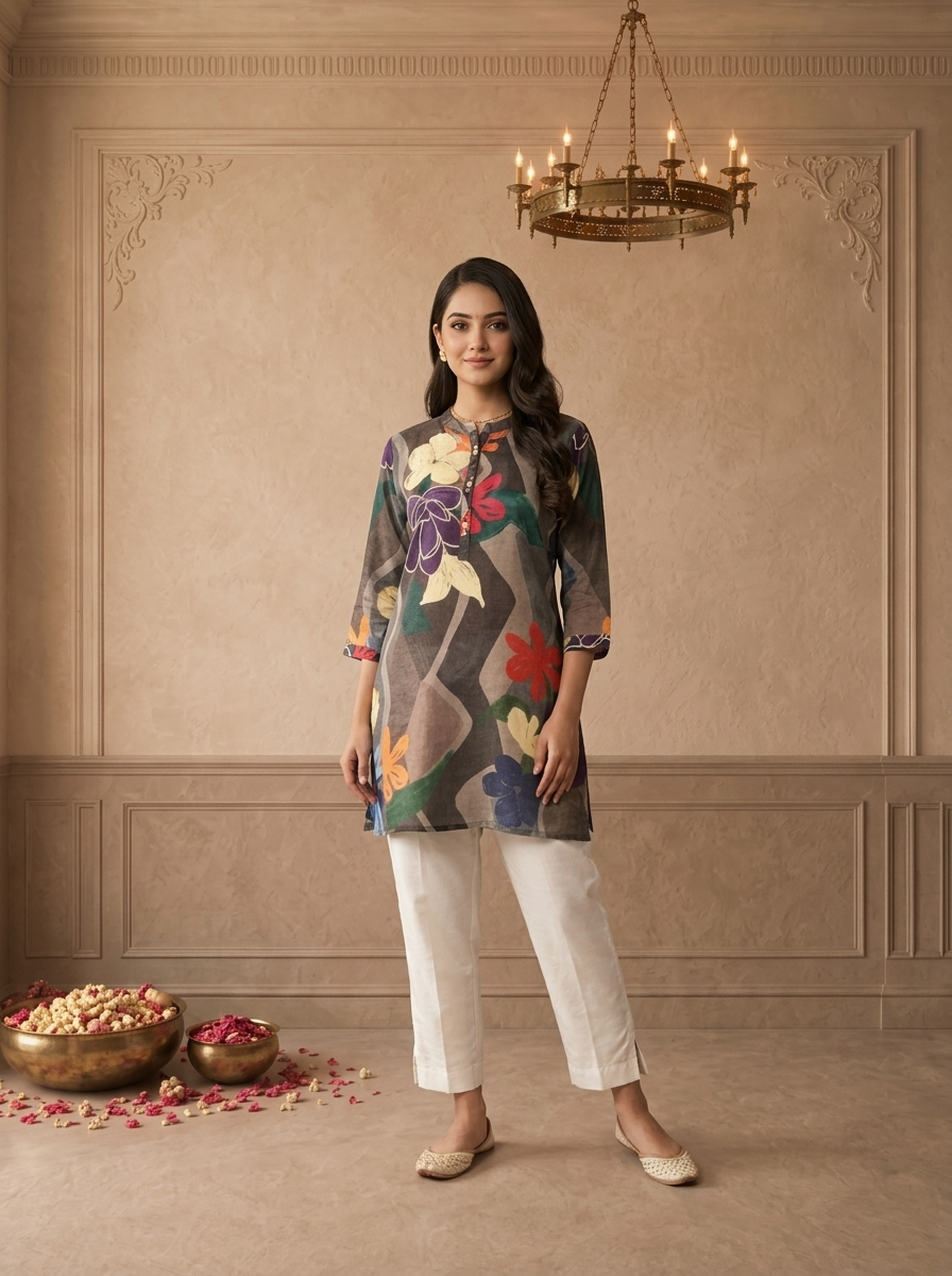 Grey Crepe Multicolour Abstract Floral Printed Short Kurta
