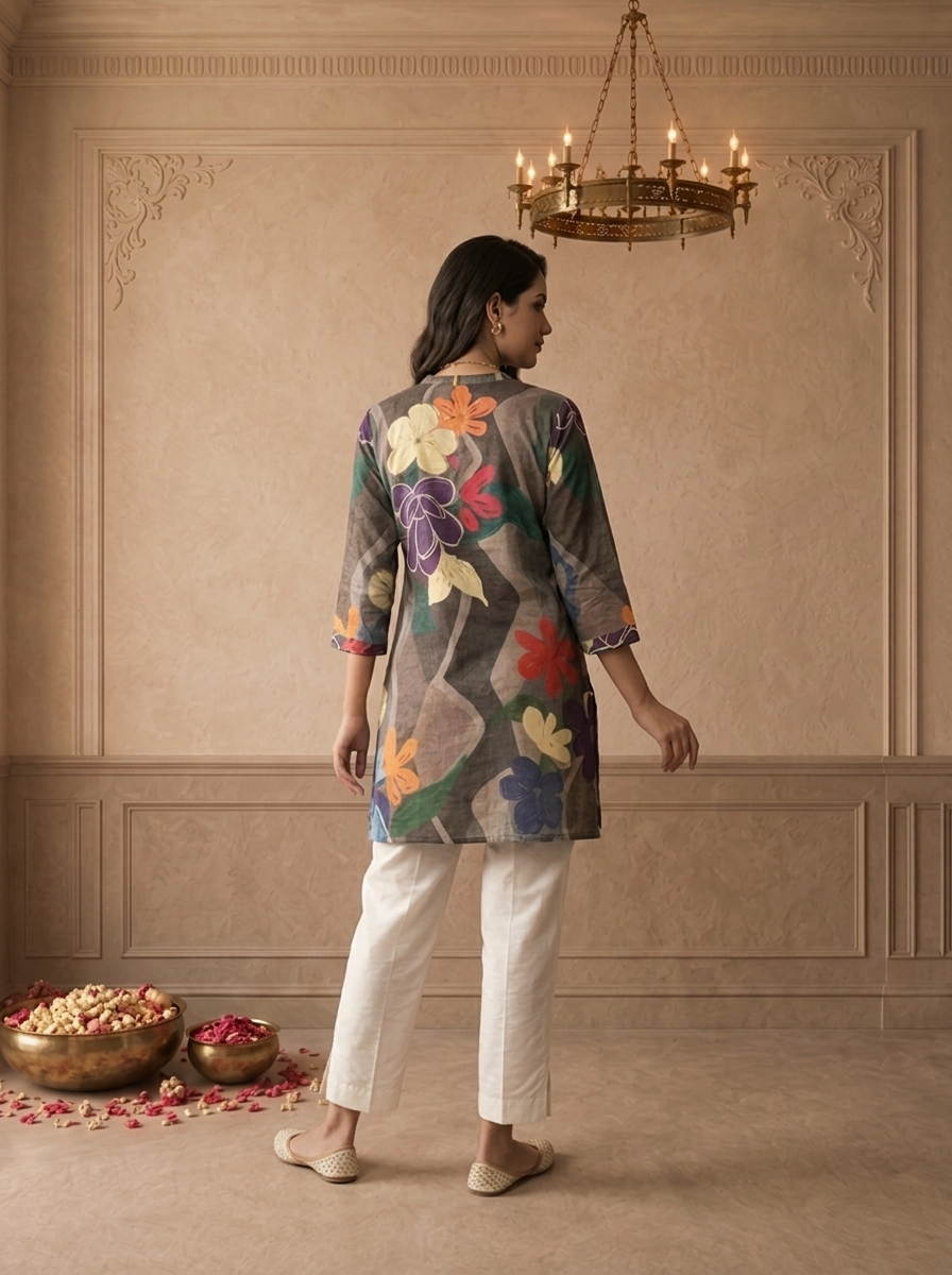 Grey Crepe Multicolour Abstract Floral Printed Short Kurta