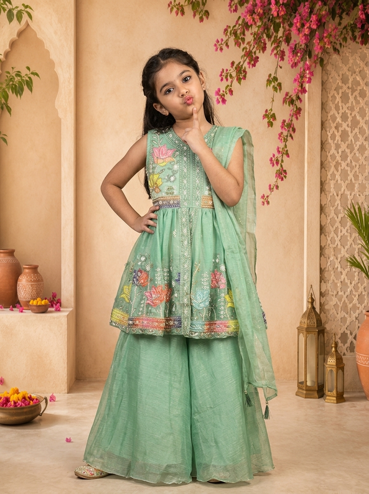 Green Tissue Multicolor Lotus Floral And Stone Embroidered Palazzo Set