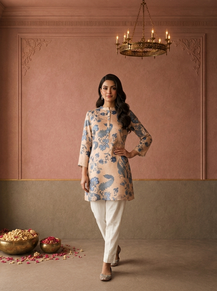 Beige Crepe Chintz Floral Printed Short Kurta