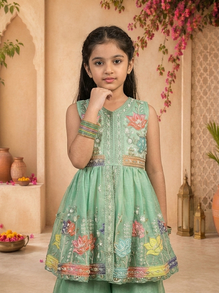 Green Tissue Multicolor Lotus Floral And Stone Embroidered Palazzo Set