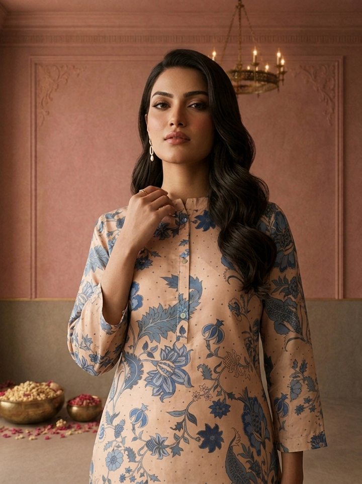 Beige Crepe Chintz Floral Printed Short Kurta