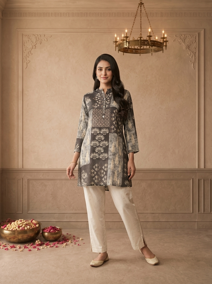 Graphit Crepe Patchwork Box Printed Short Kurta