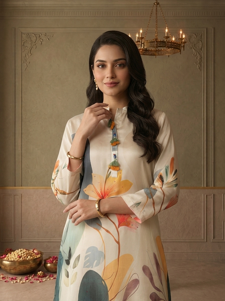 White Crepe Tropical Floral Printed Short Kurta