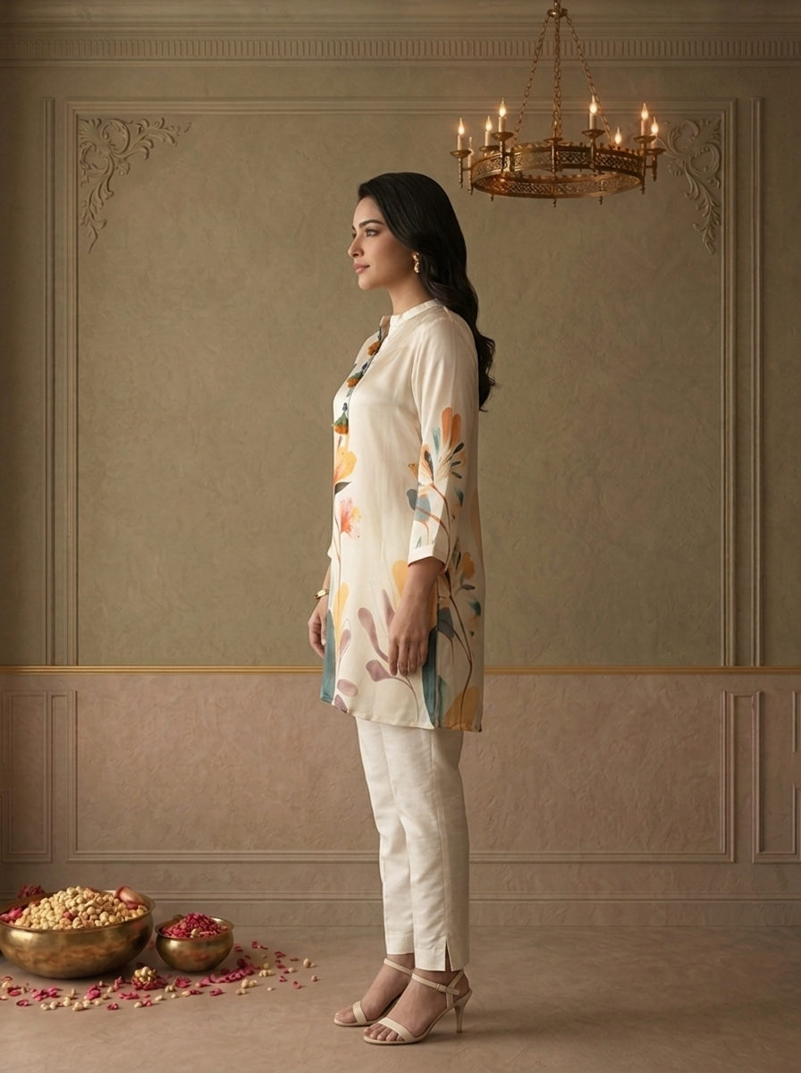 White Crepe Tropical Floral Printed Short Kurta