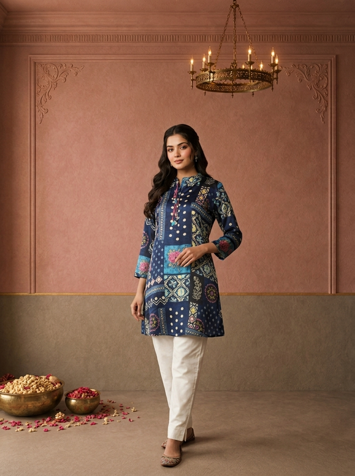 Navy Blue Crepe Polka Patchwork Printed Short Kurta