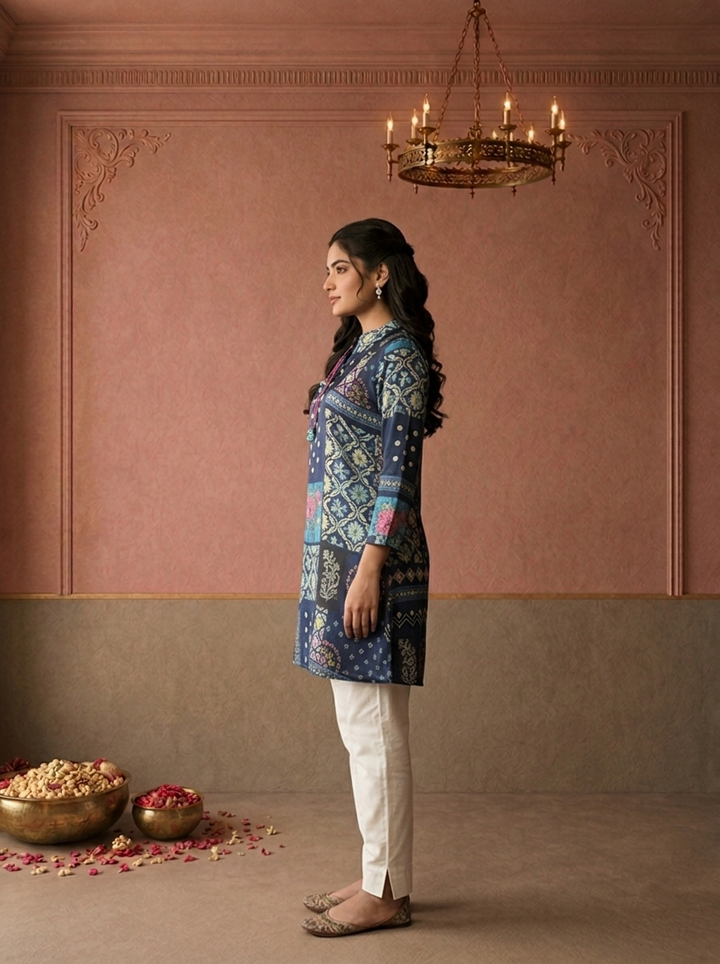 Navy Blue Crepe Polka Patchwork Printed Short Kurta