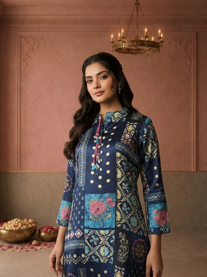 Navy Blue Crepe Polka Patchwork Printed Short Kurta