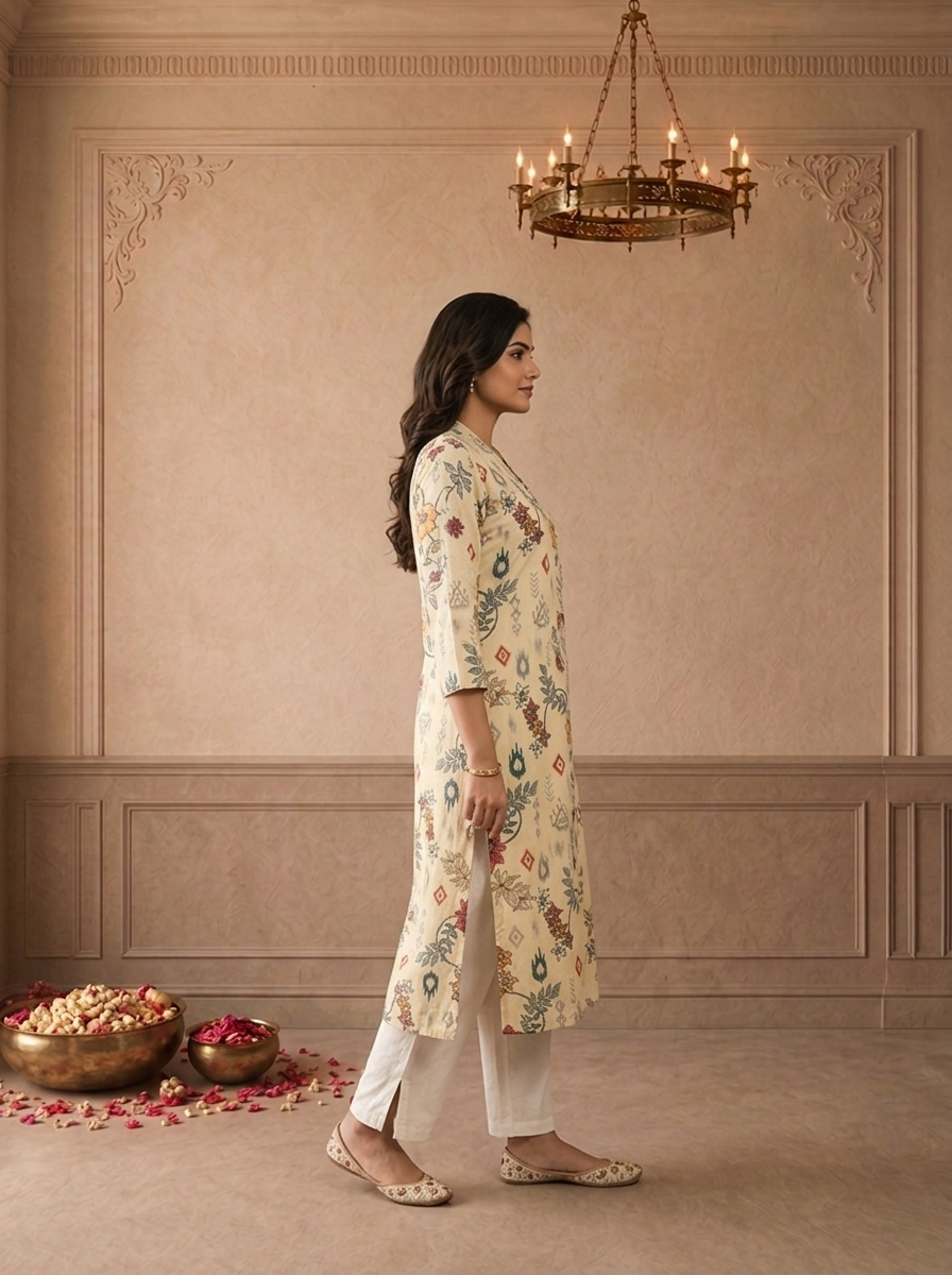 Cream Muslin Chintz Floral Vine Printed Kurta
