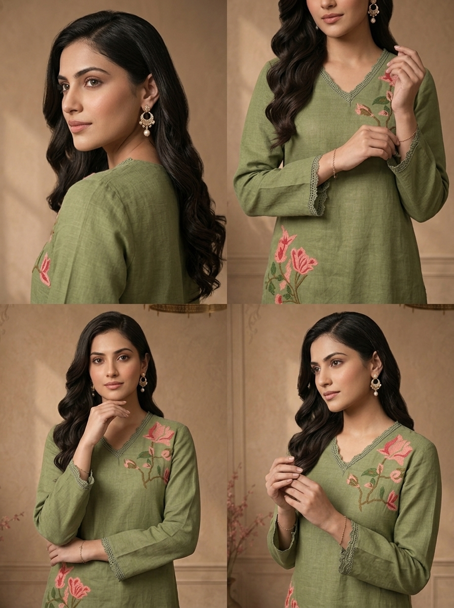 Olive Linen Tulip Magnolia Embroidered Two Piece Set