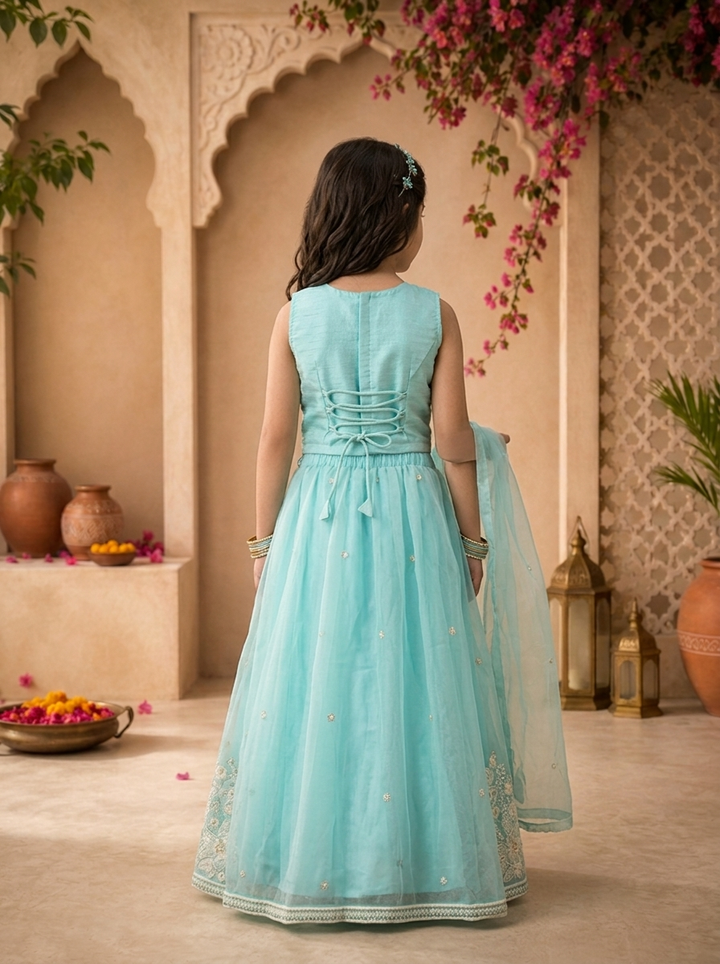 Sky Blue  Tissue Floral Stone And Thread Embroidered Ghagra Set