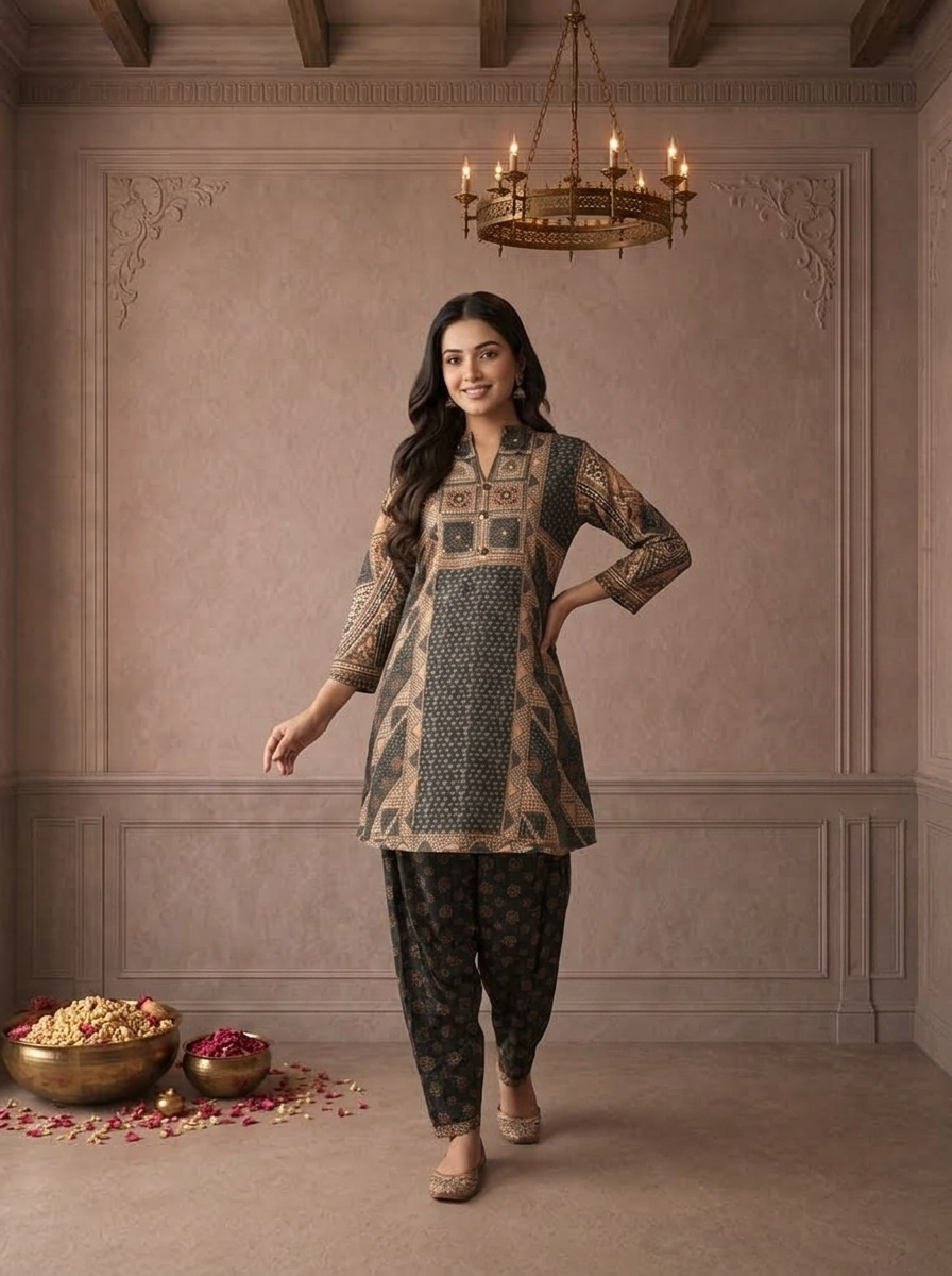 Black Muslin Geometric Patchwork Printed Two Piece Set