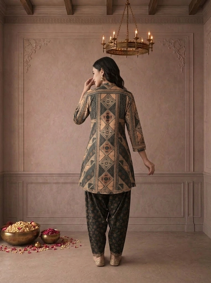 Black Muslin Geometric Patchwork Printed Two Piece Set