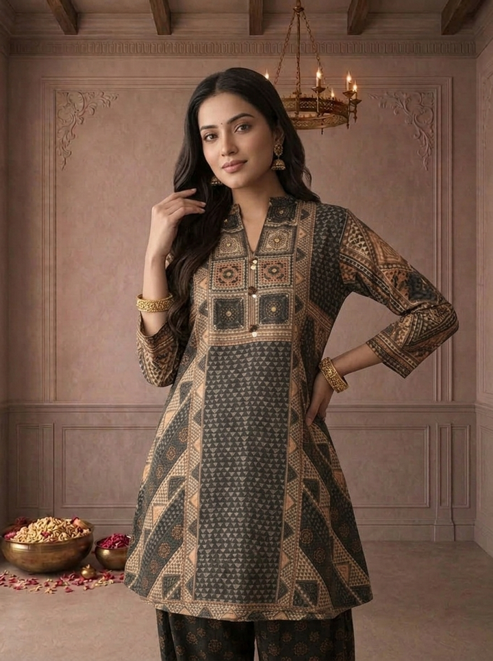 Black Muslin Geometric Patchwork Printed Two Piece Set