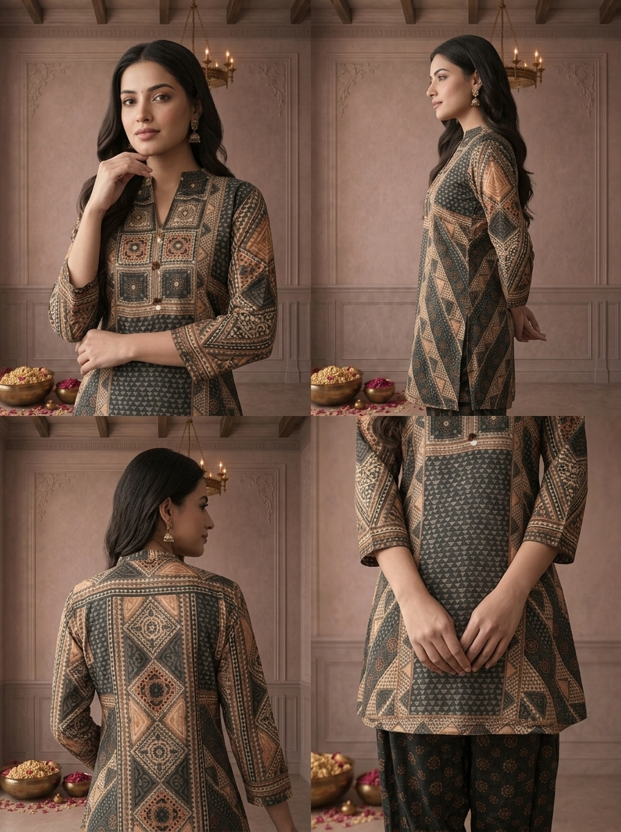 Black Muslin Geometric Patchwork Printed Two Piece Set