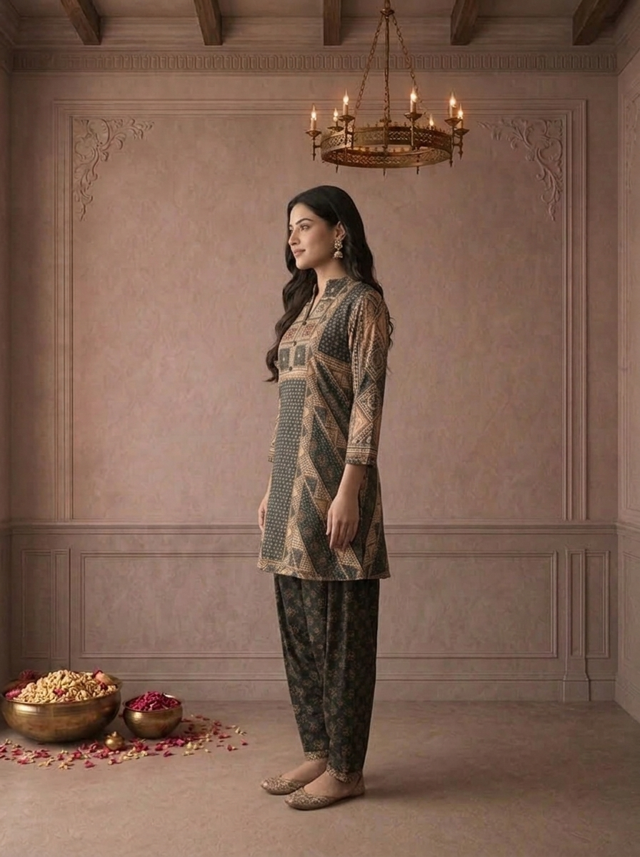 Black Muslin Geometric Patchwork Printed Two Piece Set