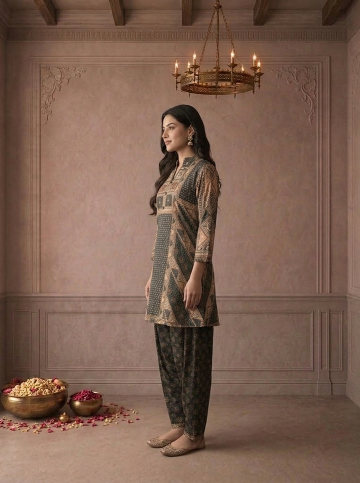 Black Muslin Geometric Patchwork Printed Two Piece Set