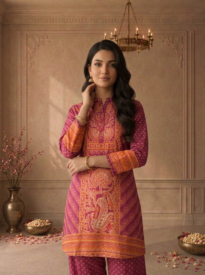 Magenta Muslin Ethnic Paisley Printed Two Piece Set