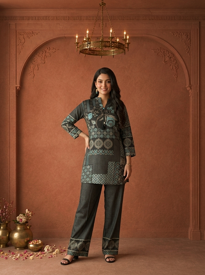 Black Muslin Patchwork Floral Printed Two Piece Set
