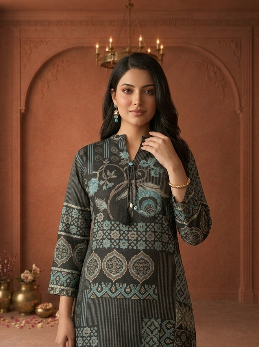Black Muslin Patchwork Floral Printed Two Piece Set