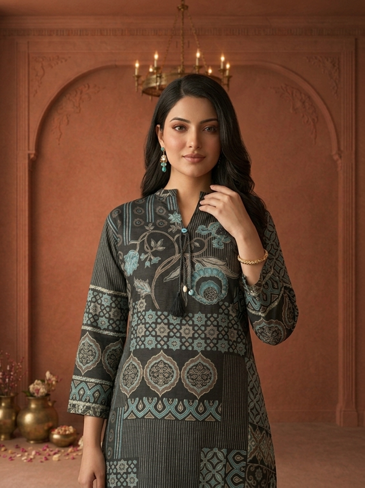 Black Muslin Patchwork Floral Printed Two Piece Set