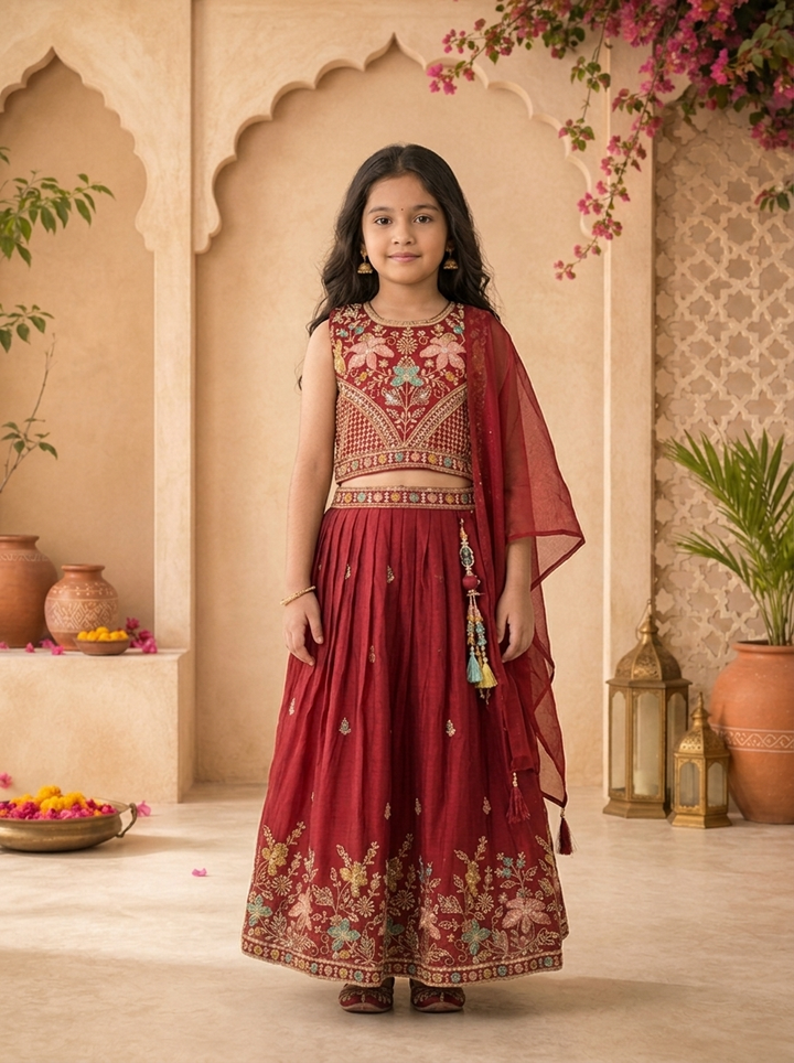 Maroon Georgette Multicolor Floral Stone Embroidered Ghagra Set