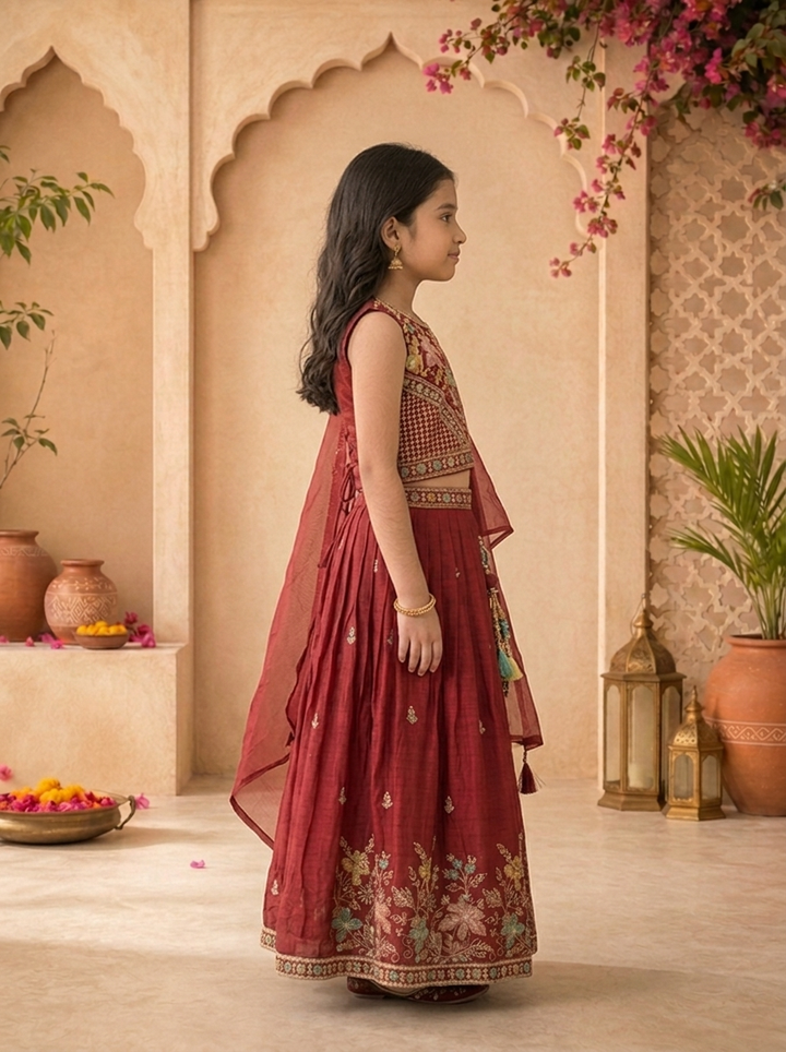 Maroon Georgette Multicolor Floral Stone Embroidered Ghagra Set